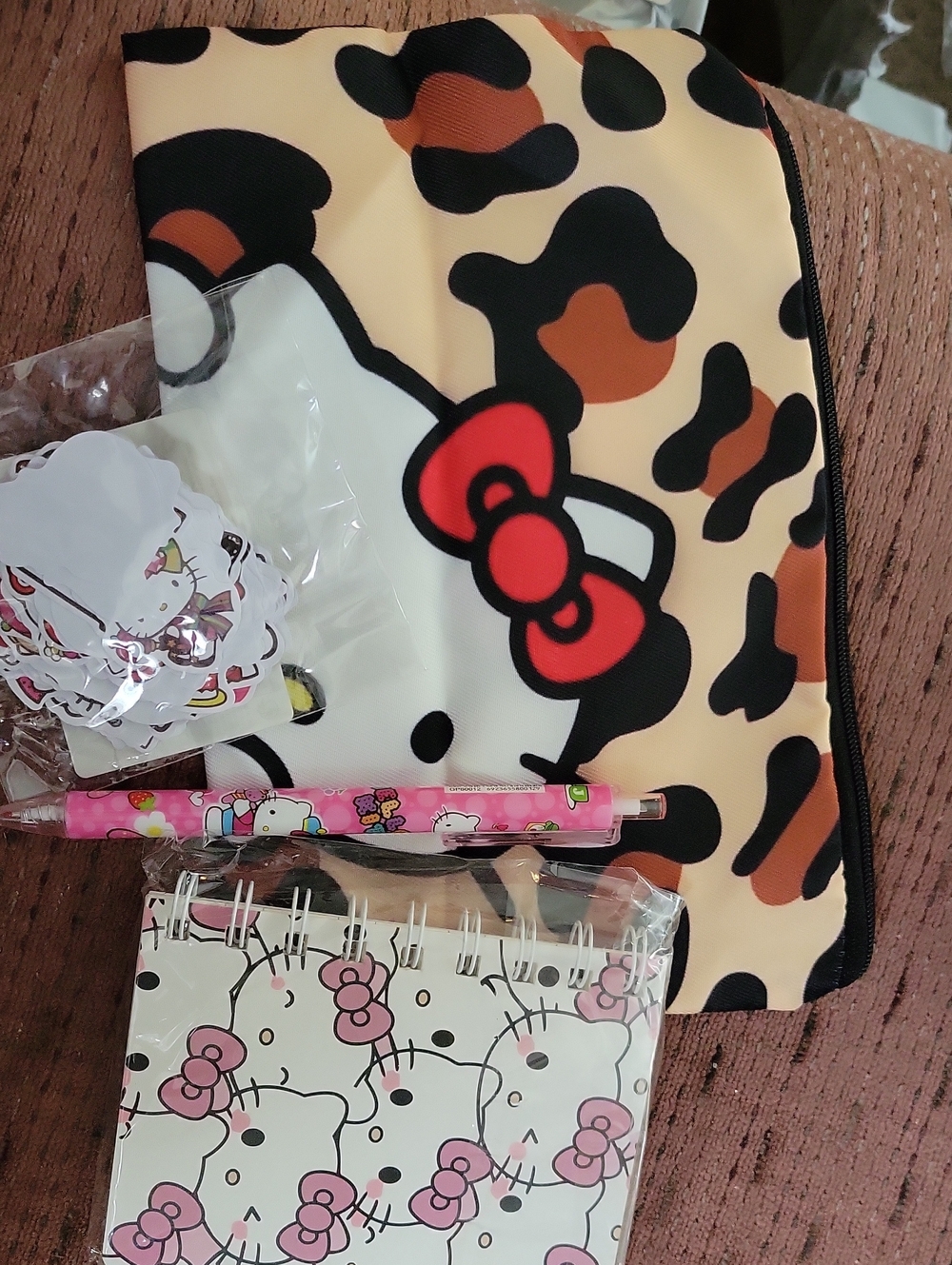 Hello Kitty Kids Leopard Print Pouch Stationery Set- Notebook- Pen, Stickers- NE